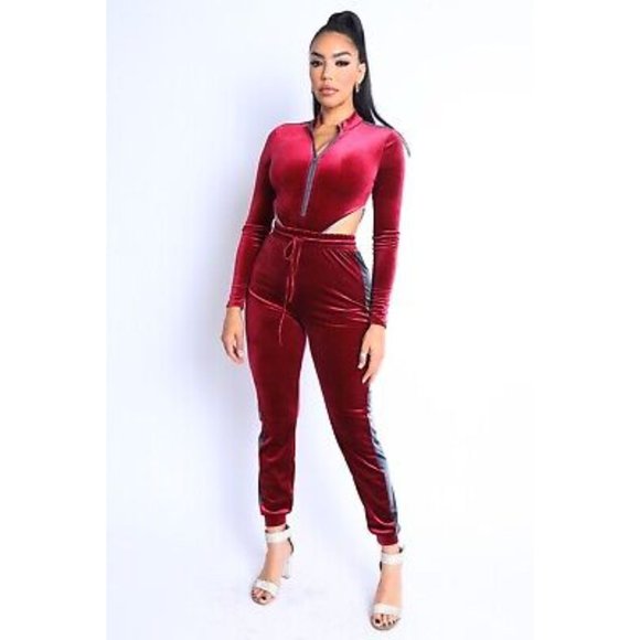 Women's Sexy Cute Velvet Bodysuit and Matching Jogger Pants 2 Piece Set S M L - Picture 2 of 11
